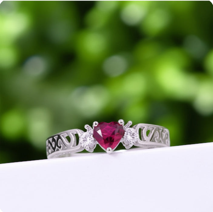 Sterling Silver Filigree Heart Promise Ring with Simulated Ruby-AE-115