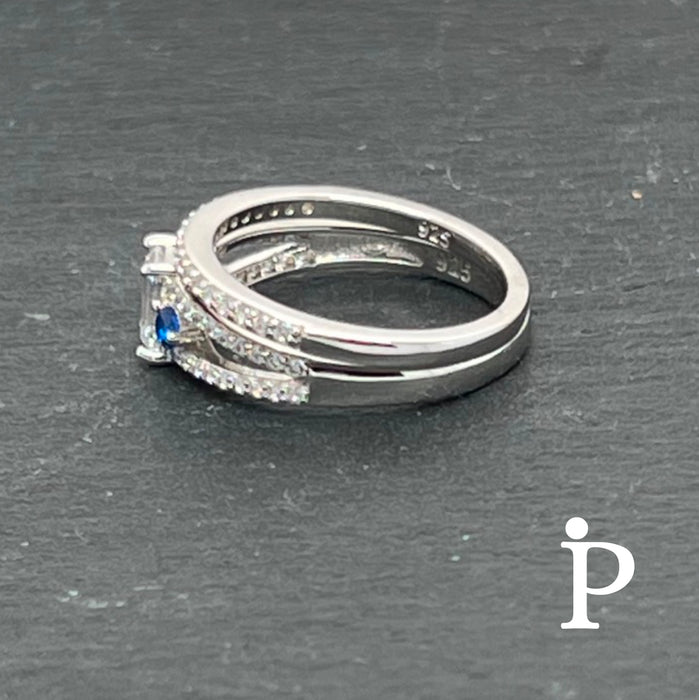 Sterling Silver Blue and Clear Cubic Zirconia Wedding Rings-ER-124