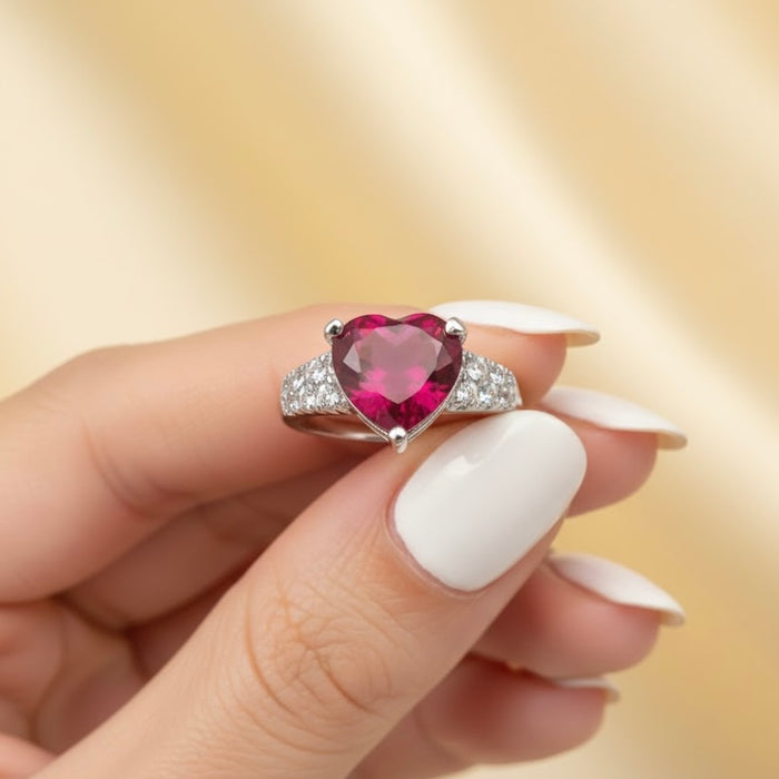 Sterling Silver Garnet Heart CZ Ring-AE-14