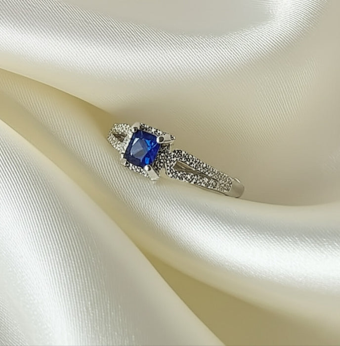 Sterling Silver Princess-Cut Blue CZ Ring- ER-05