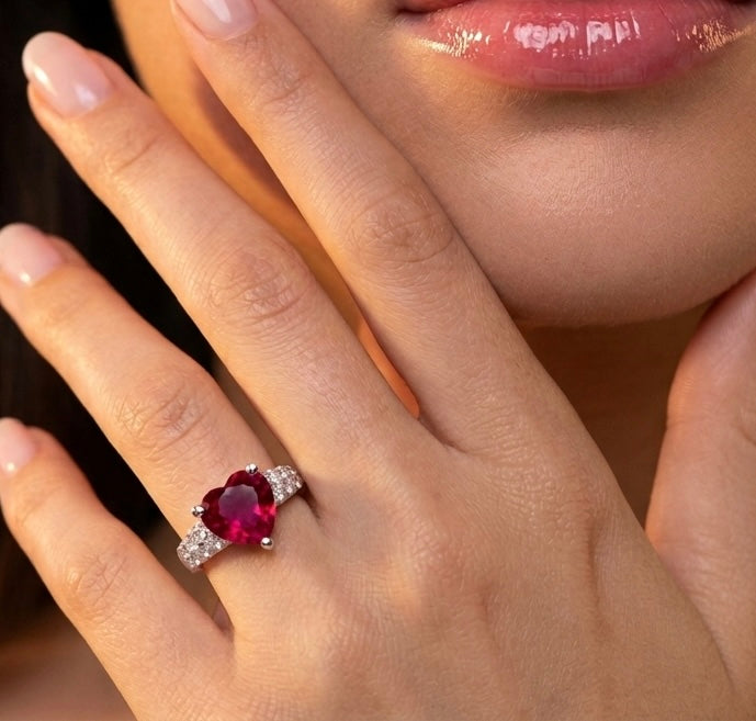 Sterling Silver Garnet Heart CZ Ring-AE-14