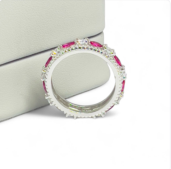 Sterling Silver Modern Eternity Wedding Ring with Simulated Ruby-AE-120