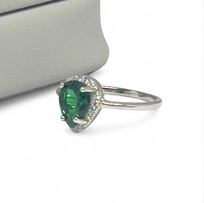 Sterling Silver Pear-Shaped Simulated Green Emerald Ring-AE-114