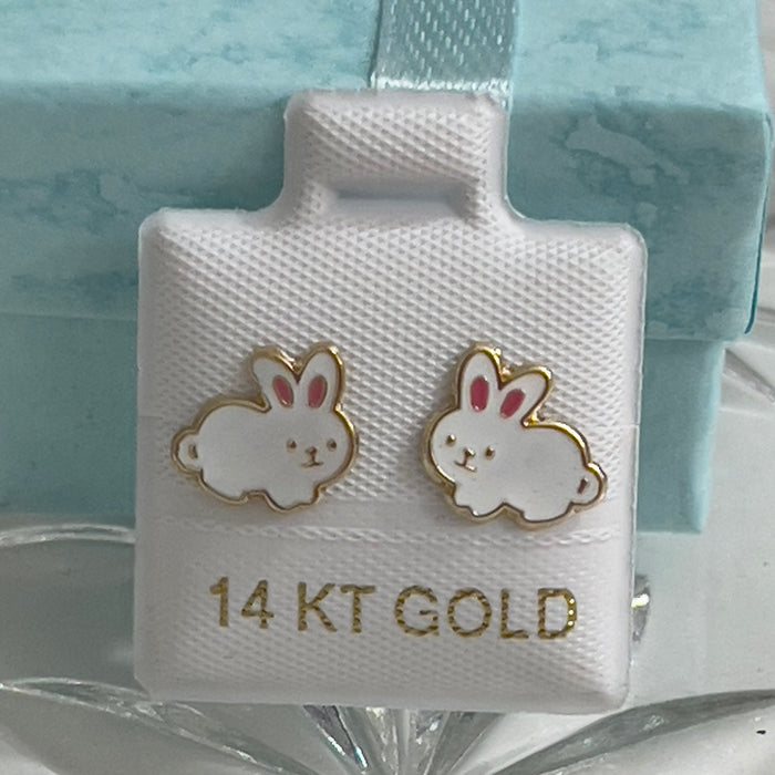 Lovely 14K Yellow Gold White Rabbit Earrings for Toddlers and Girls-GE-102