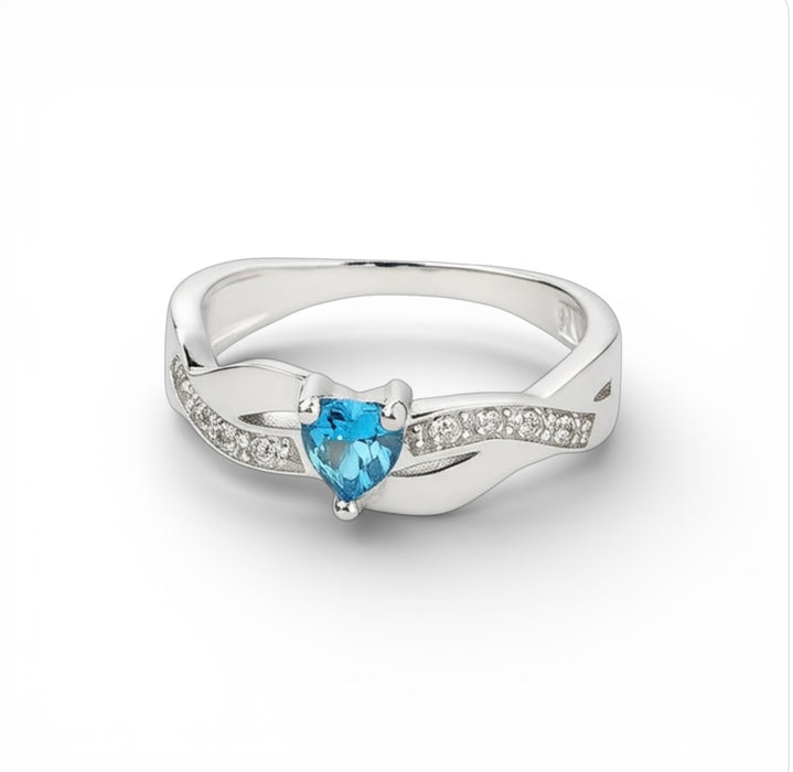 Sterling Silver Heart Shape Aquamarine CZ Ring-AE-40