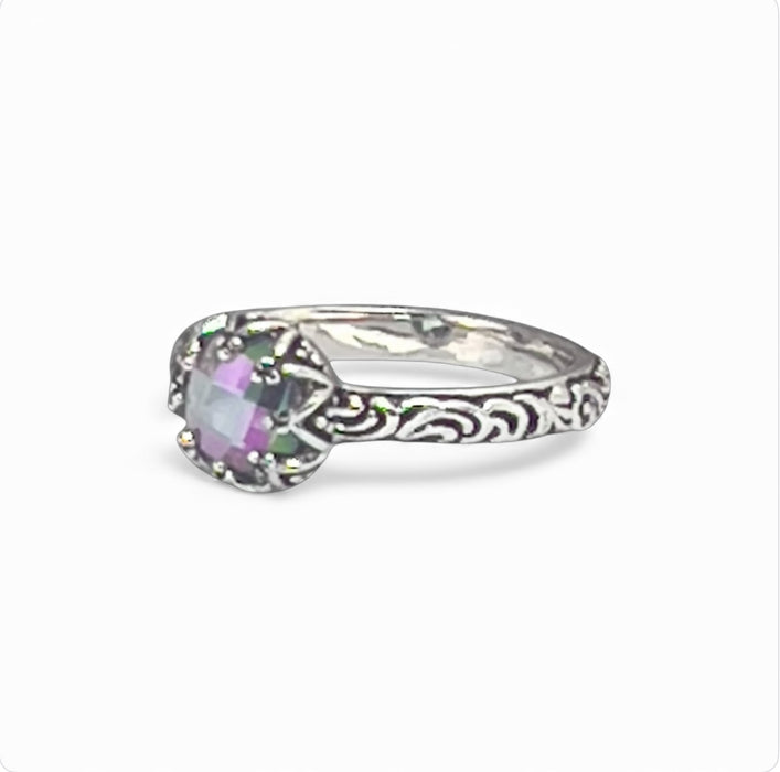 Sterling Silver Floral Rainbow Topaz CZ Ring-AE-79