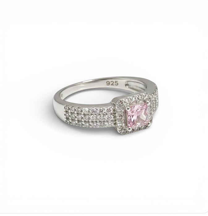 Sterling Silver Pink Princess Cut CZ Ring-AE-93