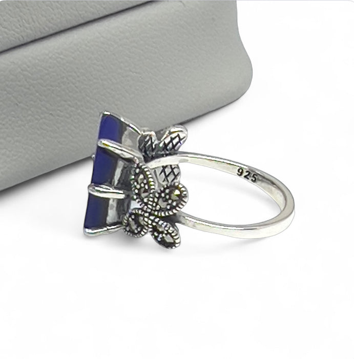 Sterling Silver Blue Stone Square Butterfly Marcasite Ring-AE-69