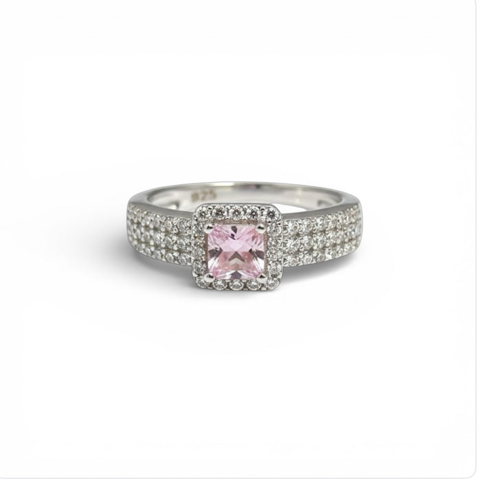 Sterling Silver Pink Princess Cut CZ Ring-AE-93