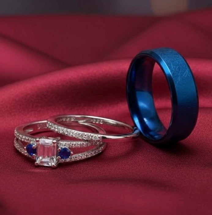 Trio Blue Steel & Silver CZ Wedding Ring Set-USS-02