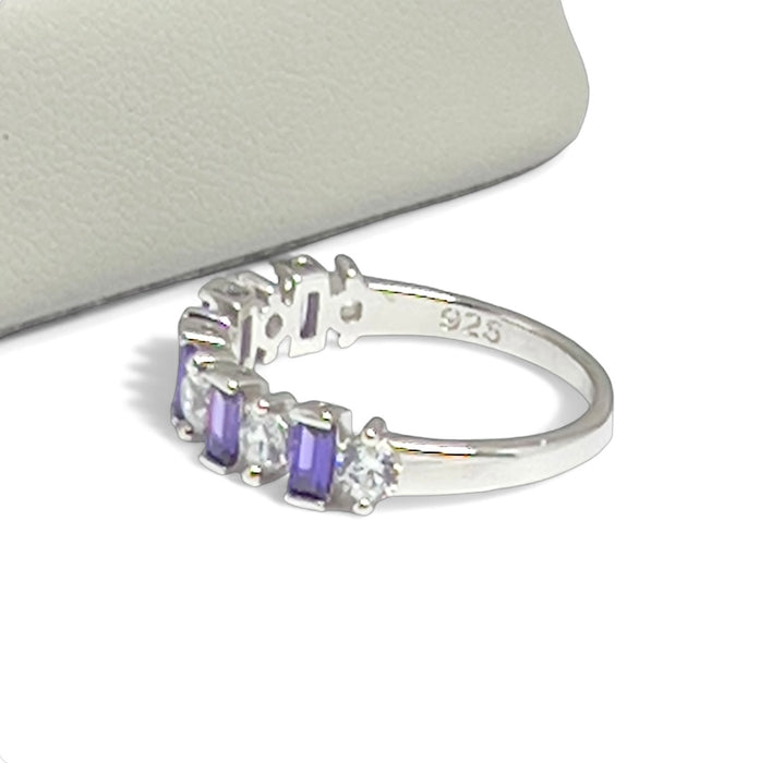Sterling Silver Baguette Amethyst & White Ring-AE-122