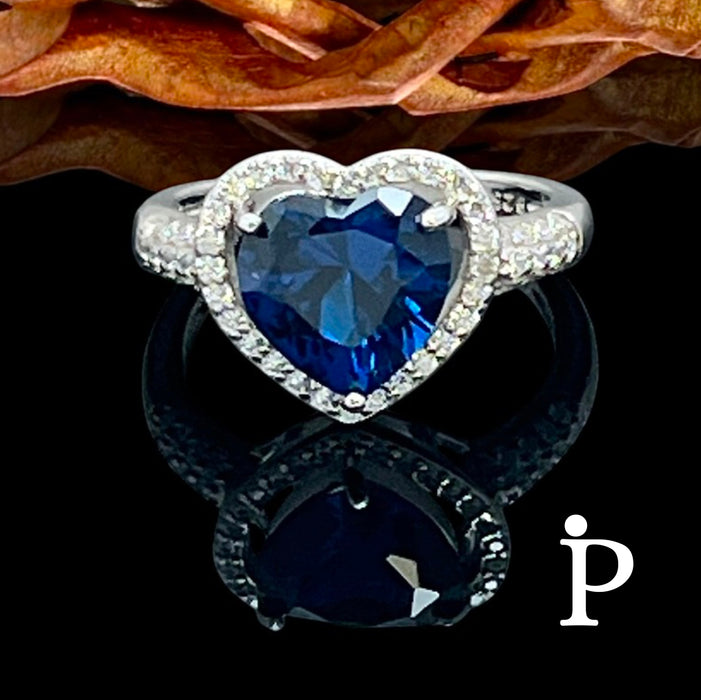 Sterling Silver Blue Sapphire Heart Halo CZ Ring -AE-49