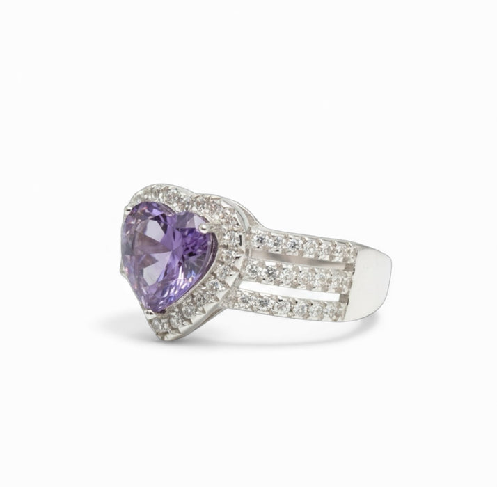 Sterling Silver Amethyst Heart CZ Ring-CL-29