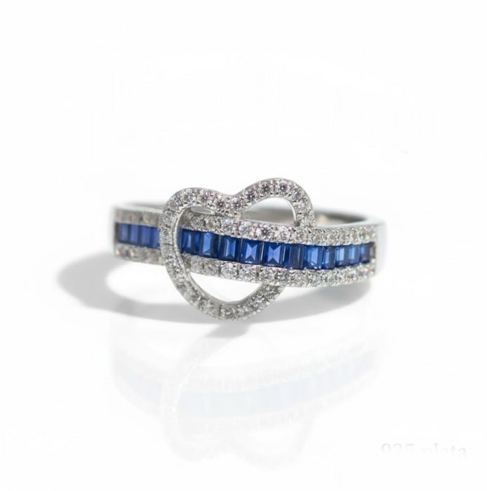 Sterling Silver Heart Blue Sapphire CZ Ring-AE-32