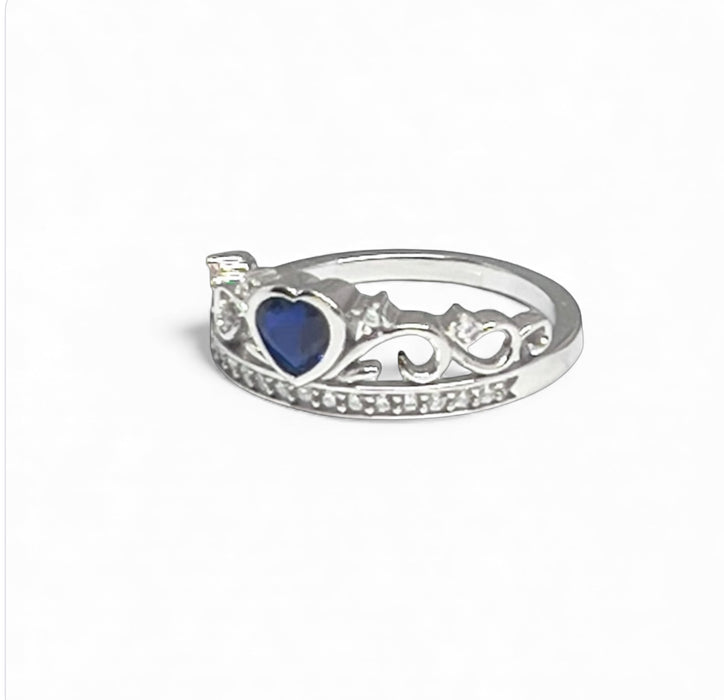 Silver Crown Heart Blue Sapphire CZ Ring-AE-81