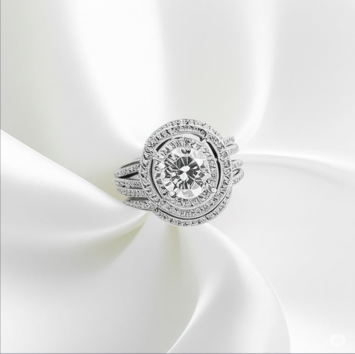 Sterling Silver Double Halo CZ 3-Piece Engagement Ring Set-ER-57