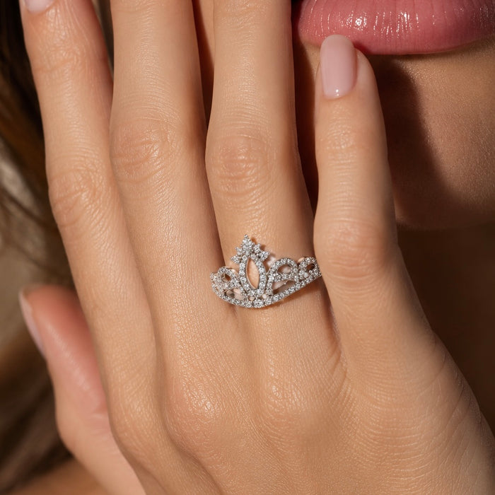 Sterling Silver Princess Crown CZ Ring-AE-25