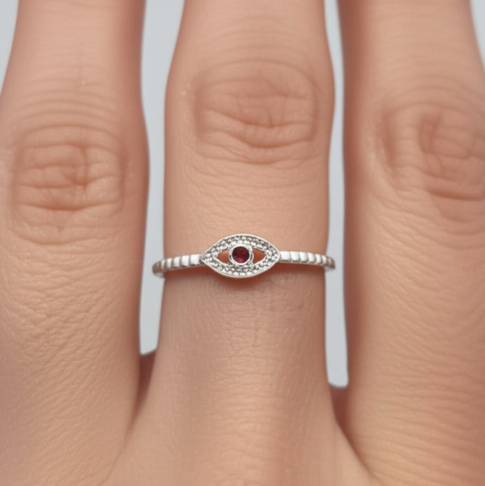 Sterling Silver Dark Garnet Stone Evil Eye CZ Ring-AE-91