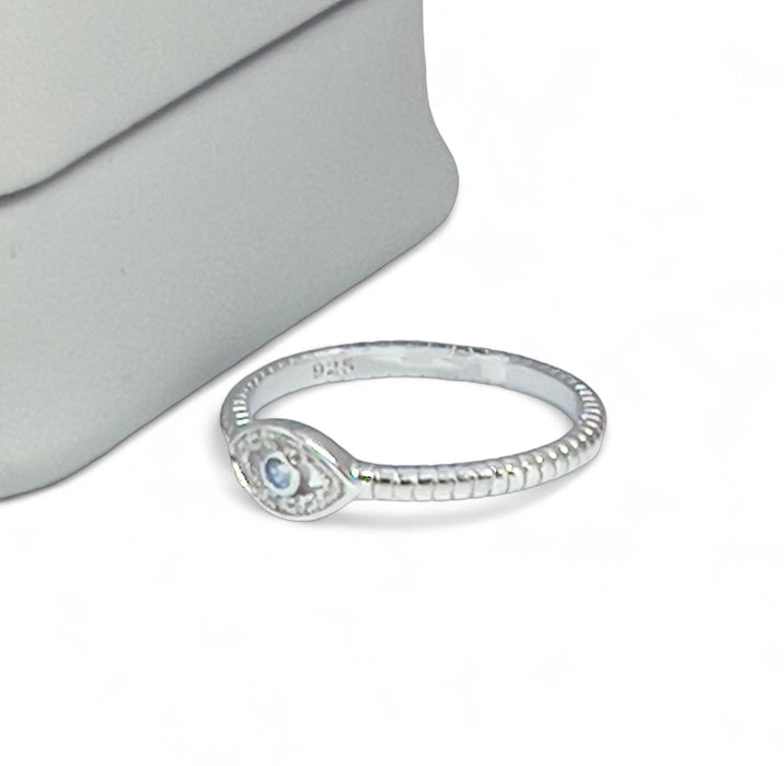 Sterling Silver Aqua Blue Stone Evil Eye CZ Ring-AE-53