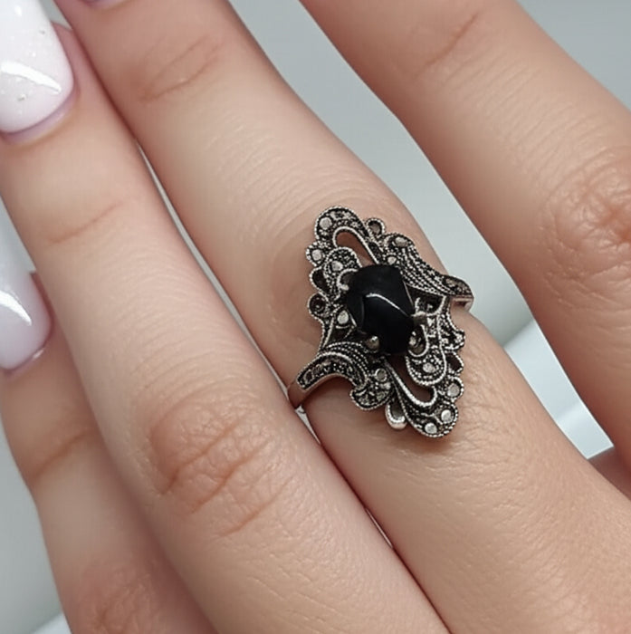 Sterling Silver Pear Shape Black Onyx Marcasite Ring-AE-43