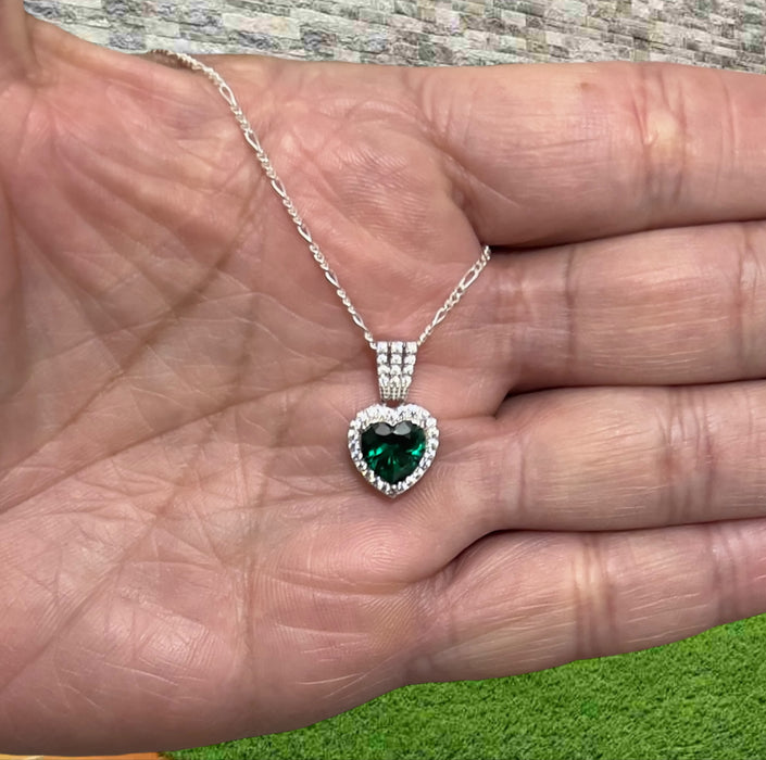 Sterling Silver Emerald Big Heart CZ Pendant Necklace-SN-21