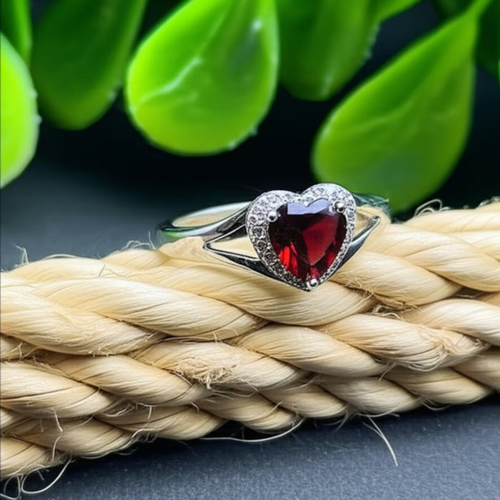 Sterling Silver Heart Shape Garnet CZ Ring-AE-110