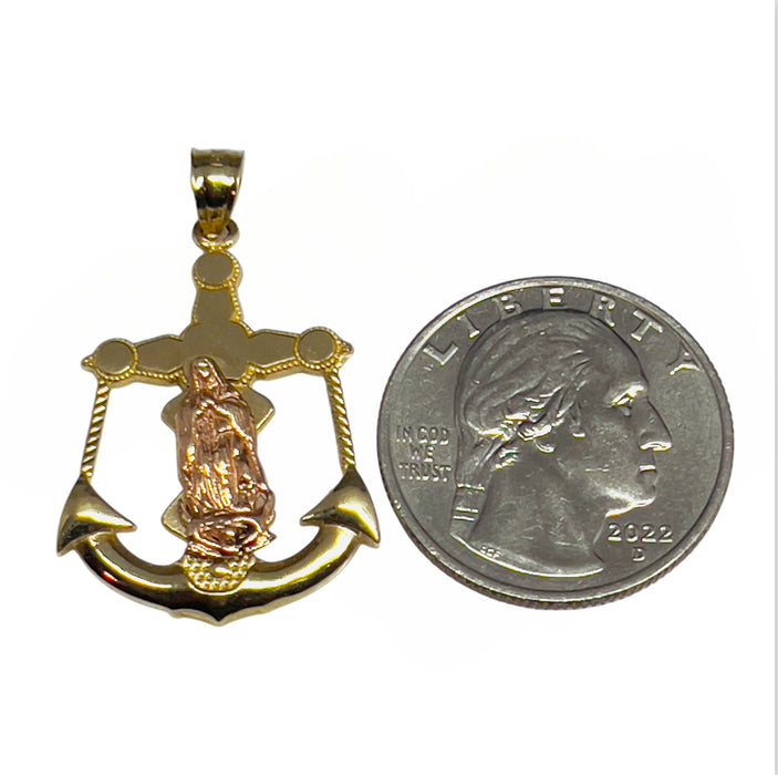 Solid Gold 14K Two-Tone Our Lady Of Guadalupe Anchor Cross Pendant-GP-15