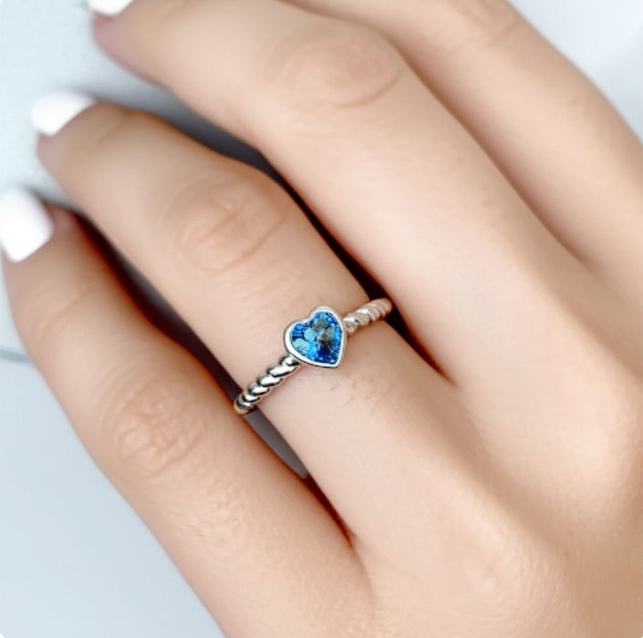 Silver Crown Heart Blue Sapphire CZ Ring-AE-81