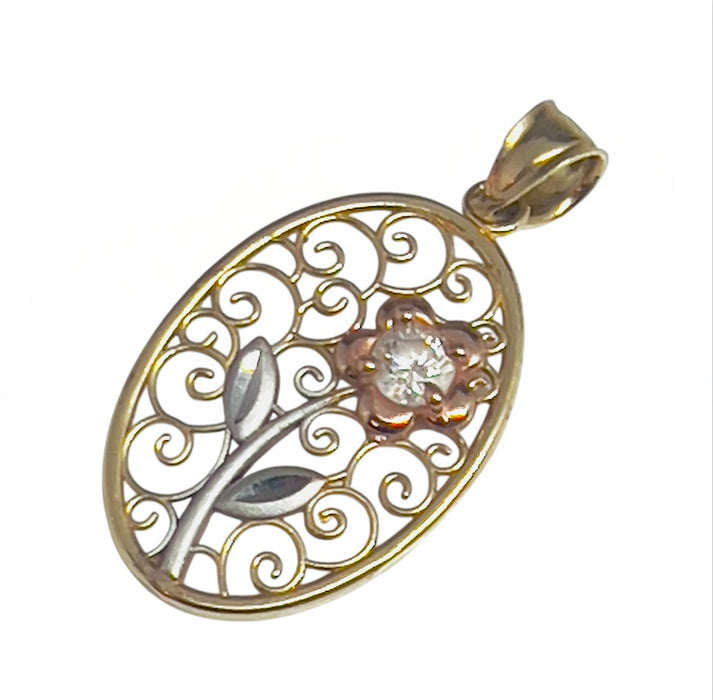 Solid 14K Gold Tri-Color Flower CZ Filigran Pendant-GP-17