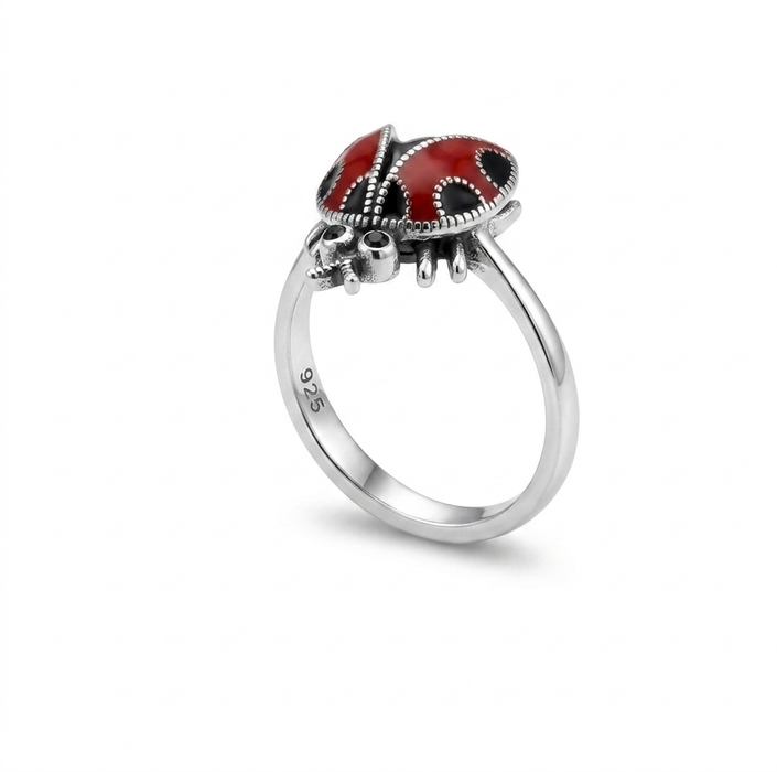 Sterling Silver Black Onyx and Enamel Ladybug Marcasite Ring-AE-46