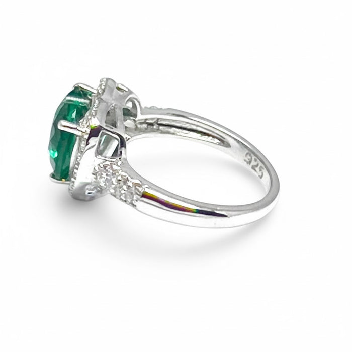 Sterling Silver Emerald Heart Halo CZ Ring-AE-31