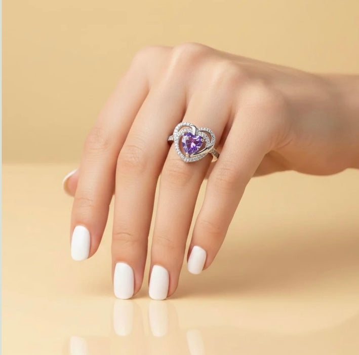 Sterling Silver Precious Heart Amethyst CZ Ring-AE-57