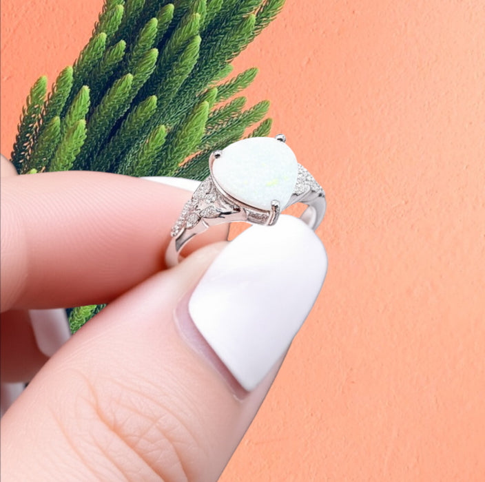 Sterling Silver Plump Pear Shape White Lab Opal Clear CZ Ring-AE-42