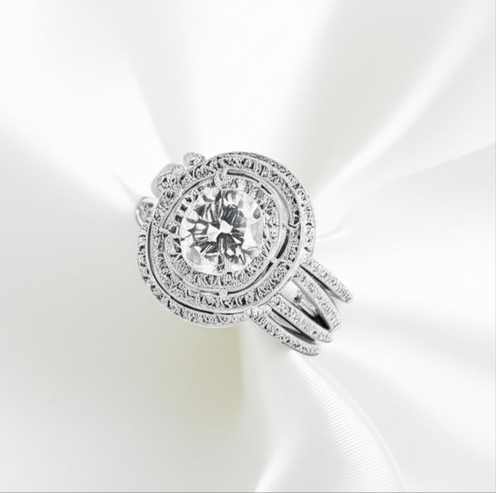 Sterling Silver Double Halo CZ 3-Piece Engagement Ring Set-ER-57