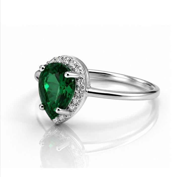 Sterling Silver Pear-Shaped Simulated Green Emerald Ring-AE-114