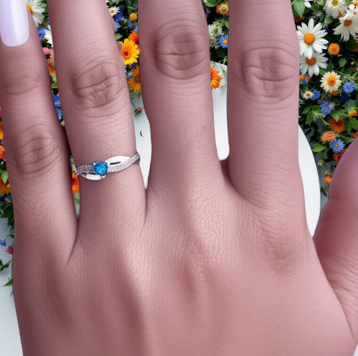 Sterling Silver Heart Shape Aquamarine CZ Ring-AE-40