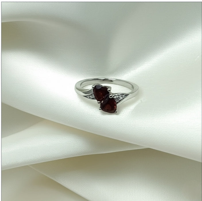Sterling Silver Double Heart Garnet CZ Ring-AE-23