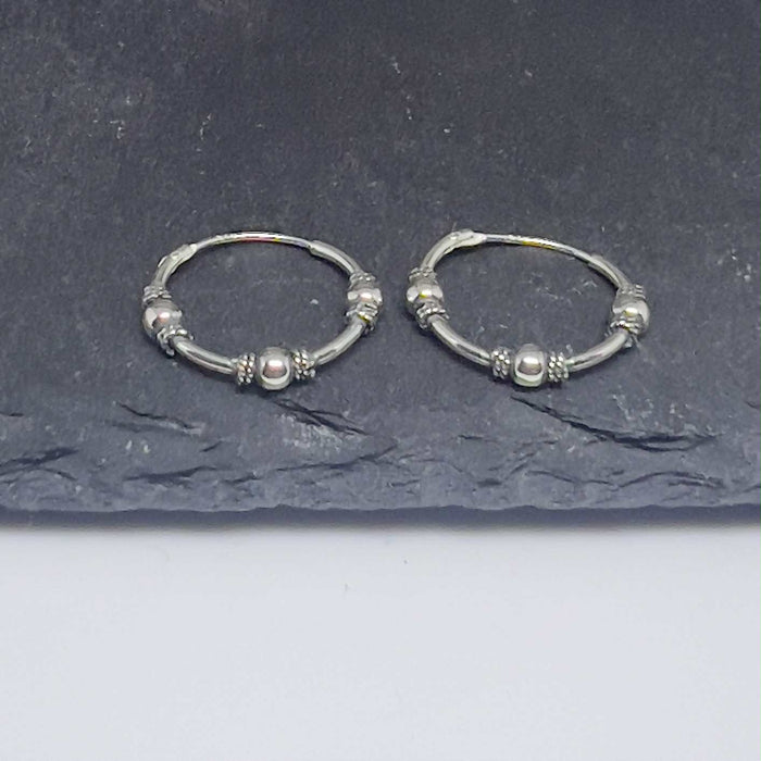 Sterling Silver 1.2mm x 17.0mm Bali Rope and Bead Hoop Earrings-SE-40