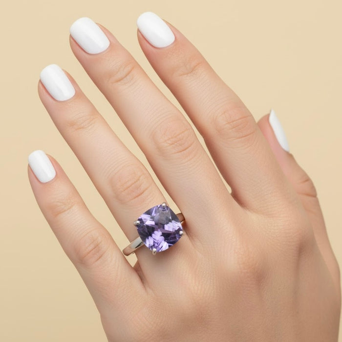 Sterling Silver Cushion Cut Amethyst CZ Ring-AE-18