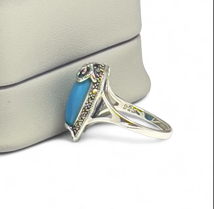 Sterling Silver Pear Shape Simulated Turquoise Marcasite Ring-AE-88
