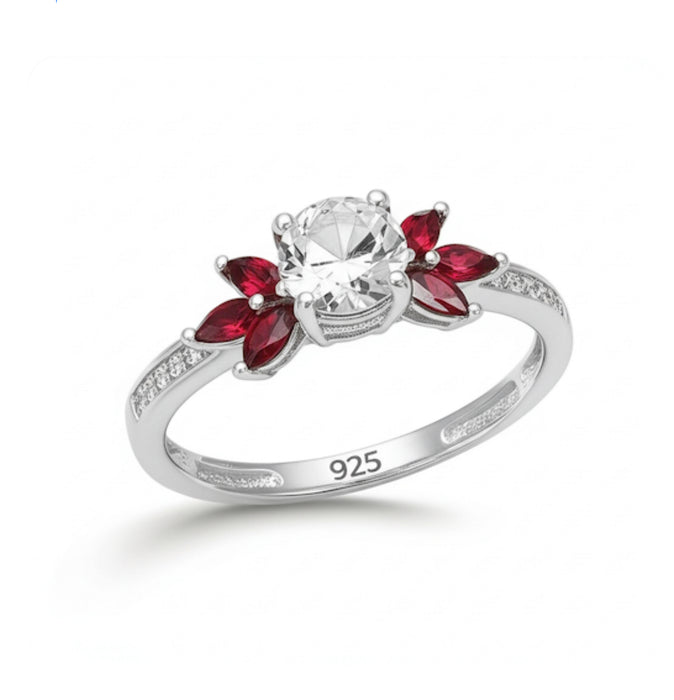 Sterling Silver Flower Leaves Ruby Clear CZ Ring-AE-39