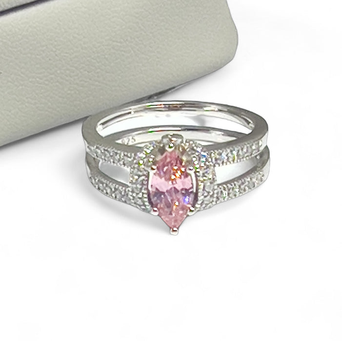 Sterling Silver Pink Marquise CZ Set Ring-AE-105