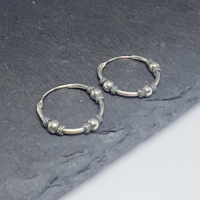 Sterling Silver 1.2mm x 17.0mm Bali Rope and Bead Hoop Earrings-SE-40