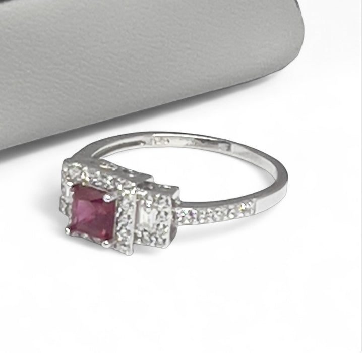 Sterling Silver Rectangular Garnet CZ Ring-AE-08
