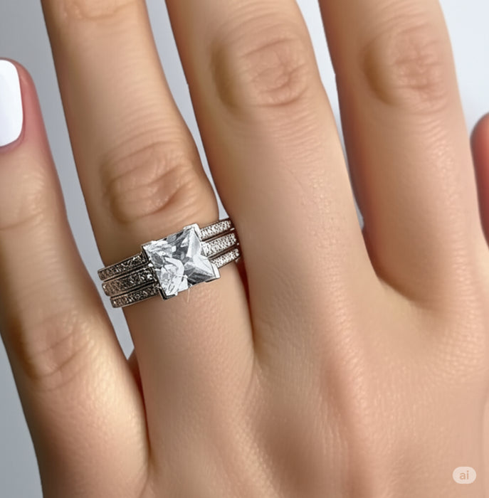 Sterling Silver Princess-Cut 2-Piece CZ Engagement Ring-ER-107