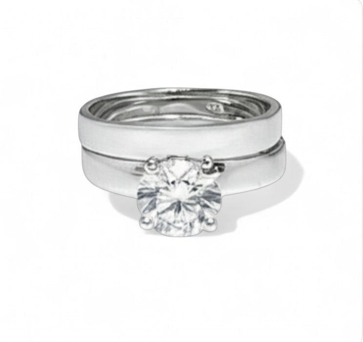 Sterling Silver Round & Plain CZ Ring Set-ER-98