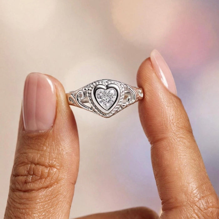 Sterling Silver Filigree Heart CZ Ring-AE-109