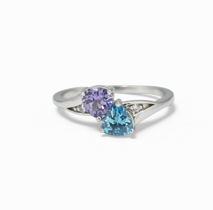 Sterling Silver Double Heart Amethyst CZ & Aquamarine CZ Ring-AE-51