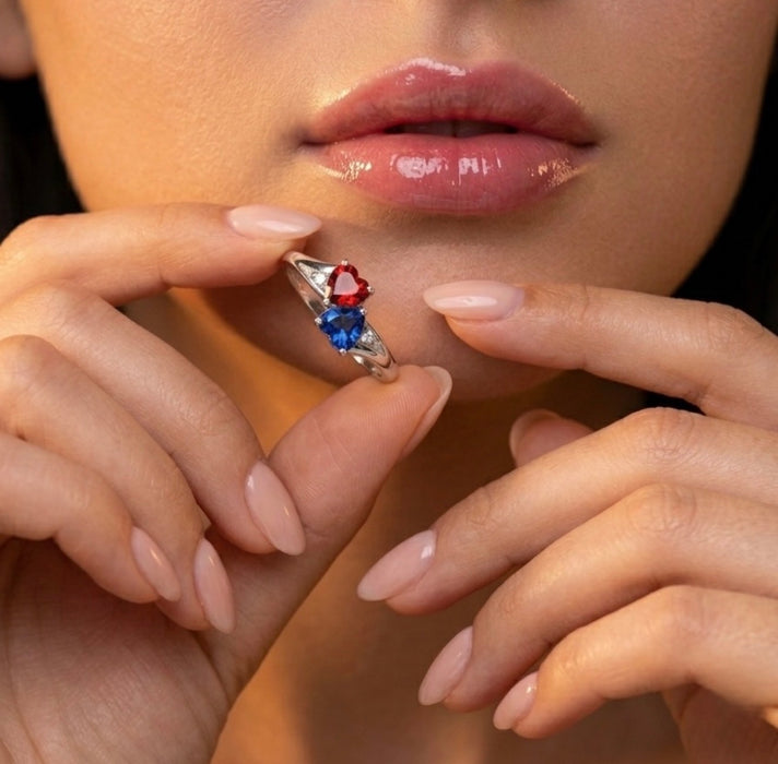 Sterling Silver Double Heart Garnet & Blue Spinnel CZ Ring-AE-15