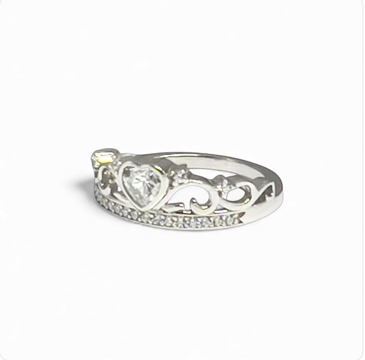 Sterling Silver Heart Crown Clear CZ Ring-AE-87
